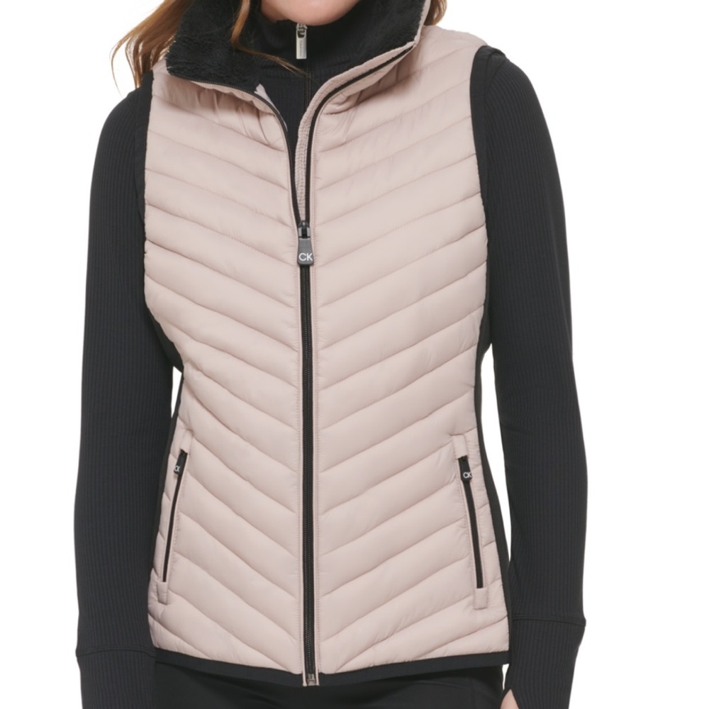 Calvin Klein Sz Medium Black and Tan Puffer Vest - Picture 1 of 11